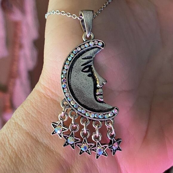 Moon And Stars Aurora Borealis Rhinestone Silver Necklace - Picture 6 of 6